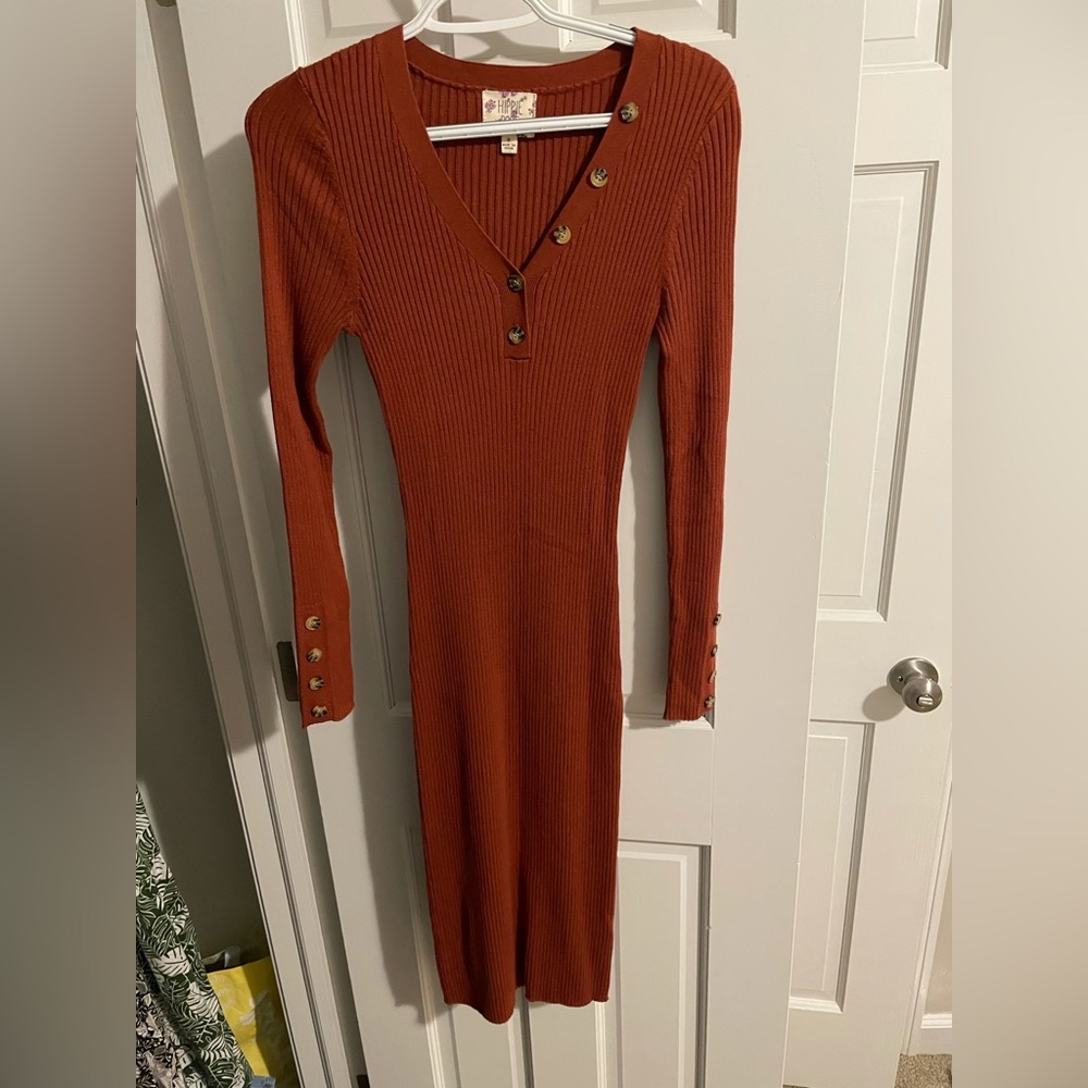 Hippie Rose Burnt Orange Ribbed Button Dress - Size S